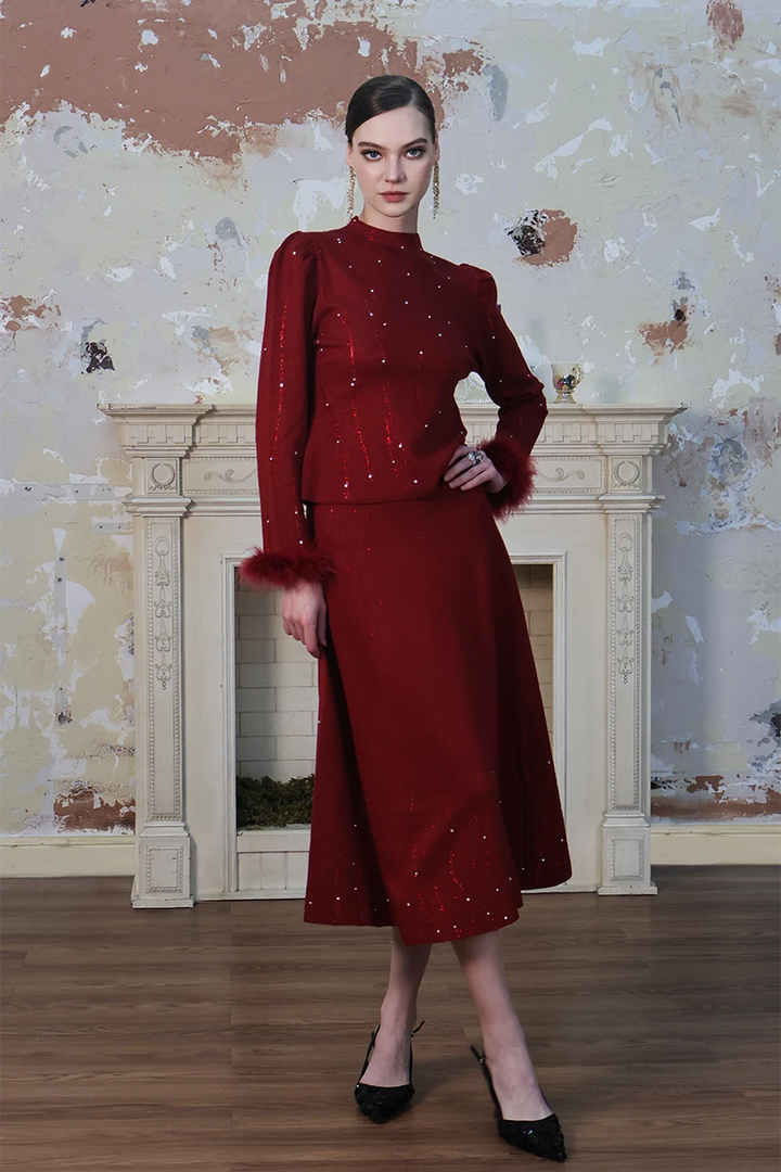 Sparkling Crystal-Embellished Feather Red Knit Sweater Top