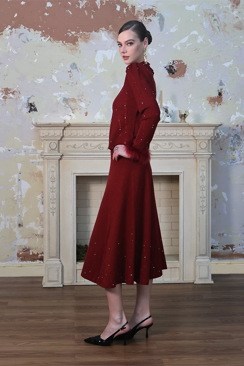 Starry Sky Pearl Embellished A-line Red Knit Skirt