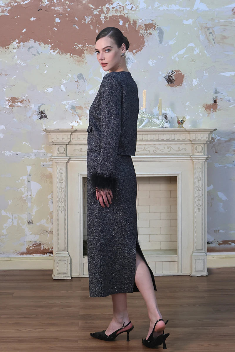 Shimmering Black Slip Wool Pencil Skirt