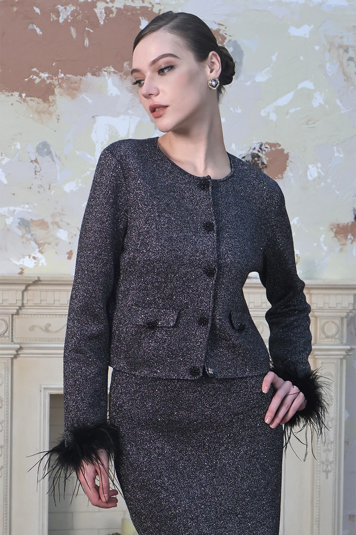 Feather Cuffs Shimmering Cardigan Top
