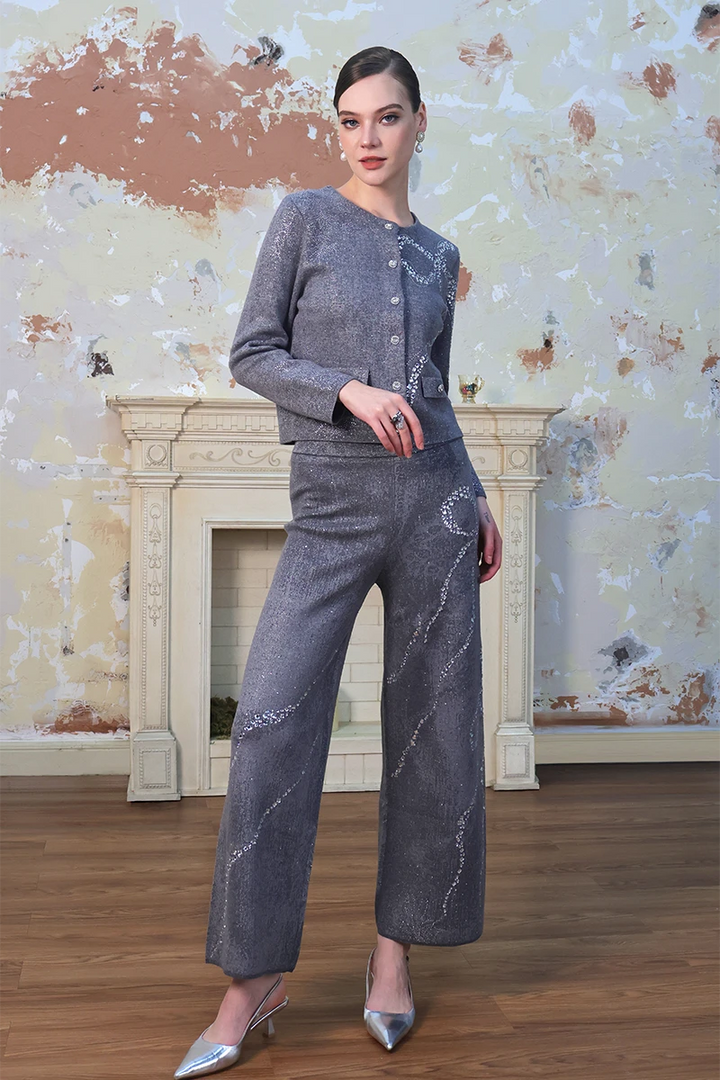 Diamond-Embellished Bow Slim Fit Gray High Waist Trouser