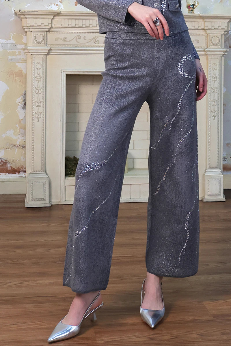 Diamond-Embellished Bow Slim Fit Gray High Waist Trouser