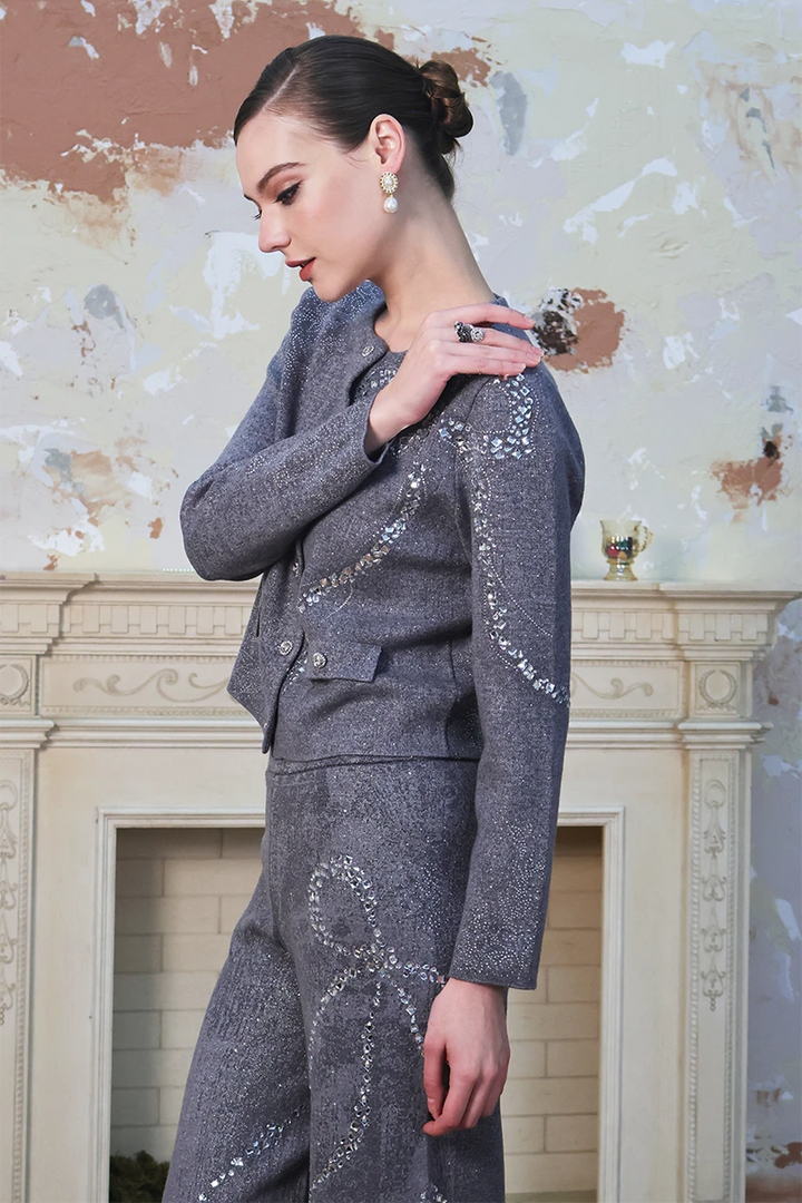 Diamond-Embellished Bow Elegant Pink Gray Knit Cardigan Top