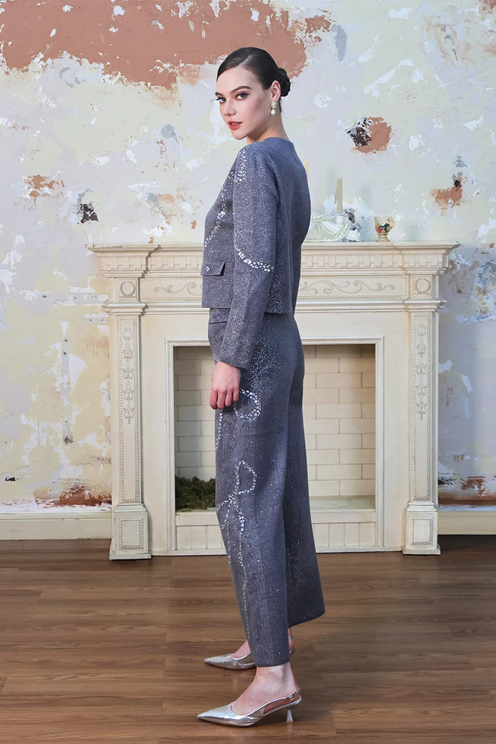 Diamond-Embellished Bow Slim Fit Gray High Waist Trouser