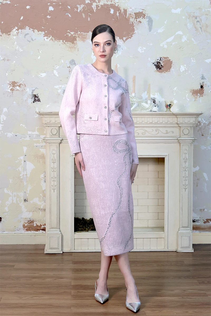 Diamond-Embellished Bow Elegant Pink Gray Knit Cardigan Top