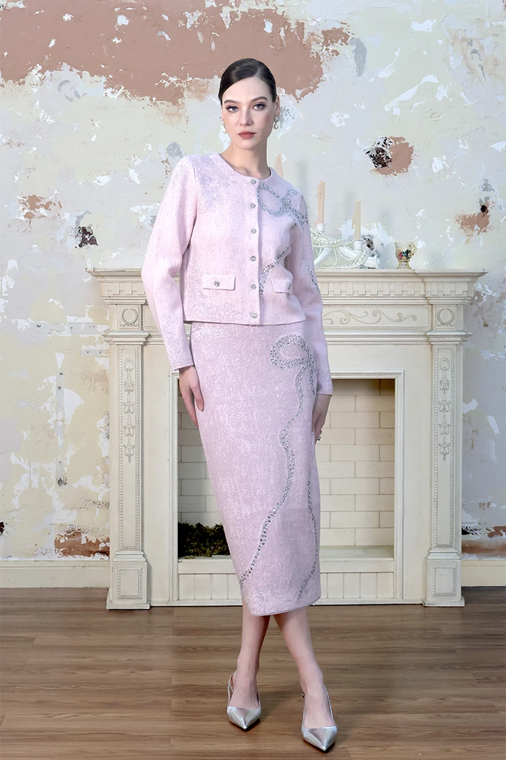 Diamond-Embellished Bow Elegant Pink Gray Knit Cardigan Top