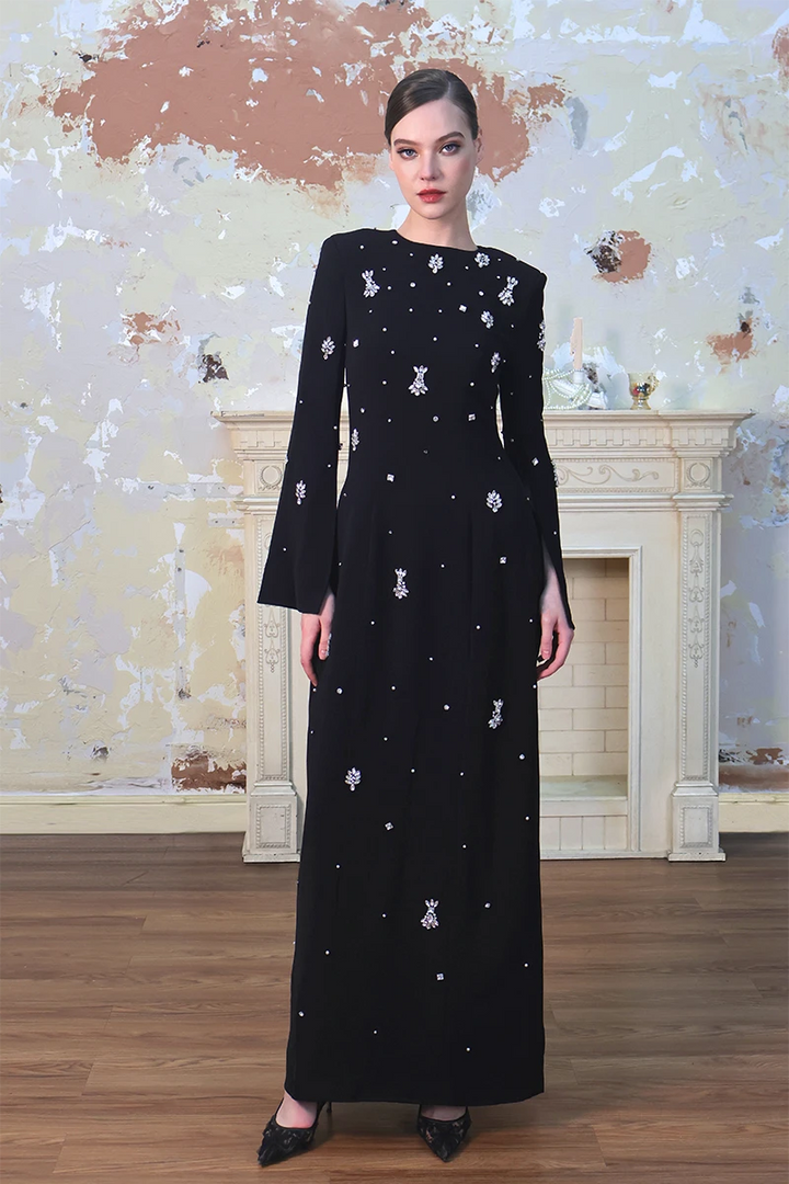 Elegant Diamond Embellished Black Maxi Evening Dress