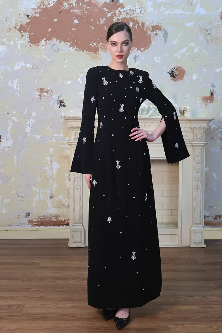 Elegant Diamond Embellished Black Maxi Evening Dress