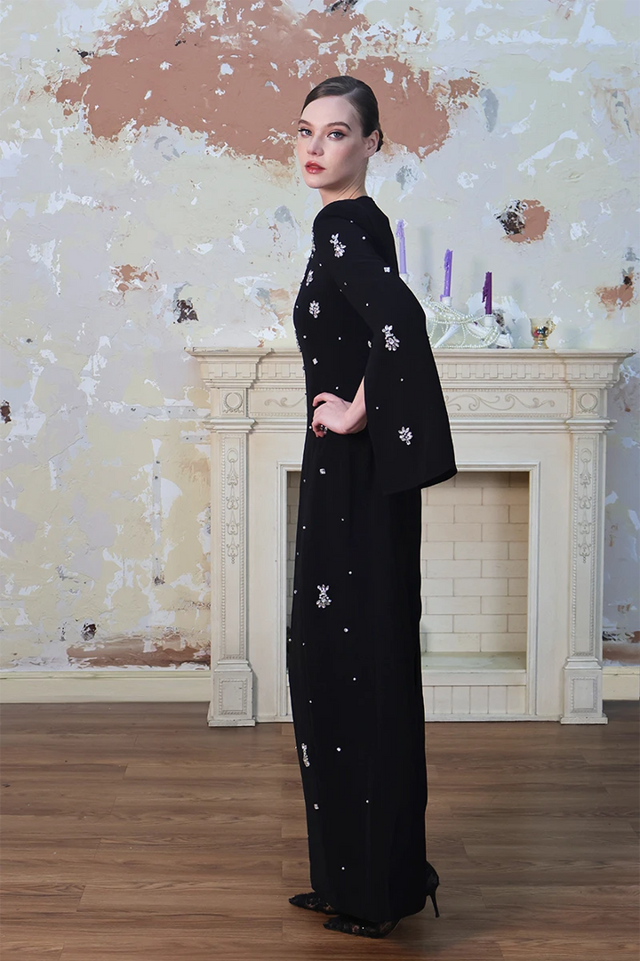 Elegant Diamond Embellished Black Maxi Evening Dress