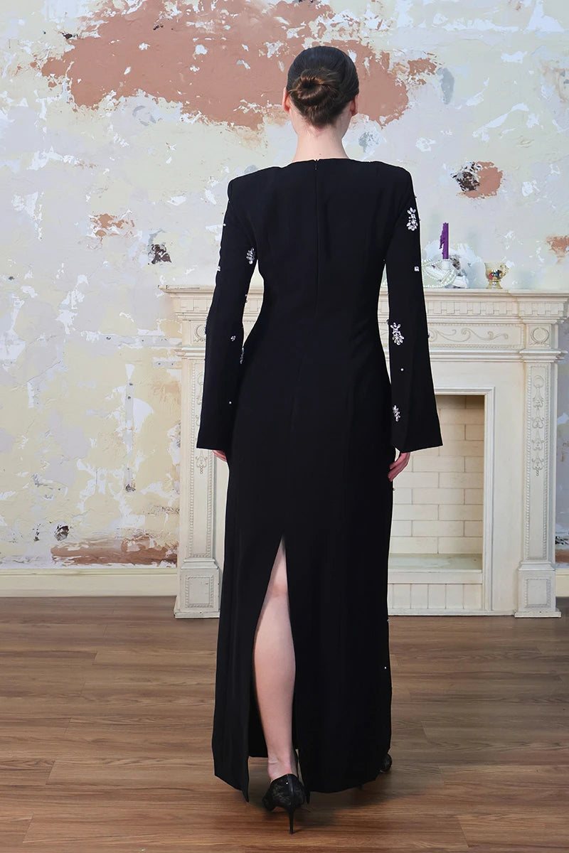 Elegant Diamond Embellished Black Maxi Evening Dress
