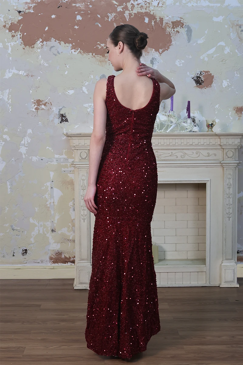 Red Sequined Sleeveless Front Slit Sexy Evening Gown