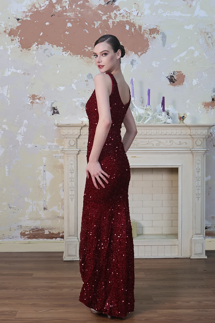 Red Sequined Sleeveless Front Slit Sexy Evening Gown