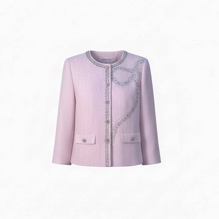 Diamond-Embellished Bow Elegant Pink Gray Knit Cardigan Top