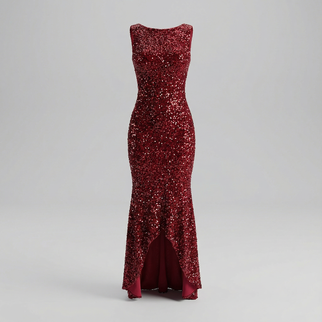 Red Sequined Sleeveless Front Slit Sexy Evening Gown