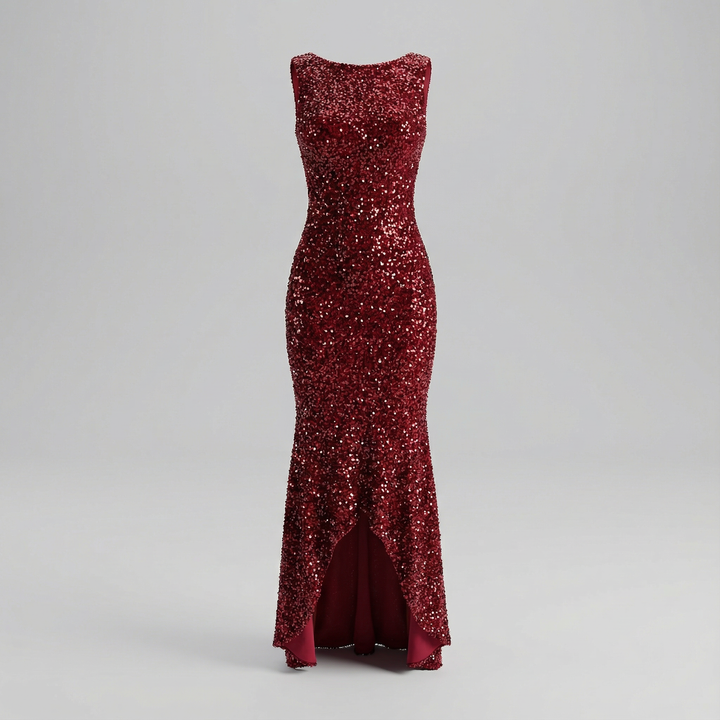 Red Sequined Sleeveless Front Slit Sexy Evening Gown