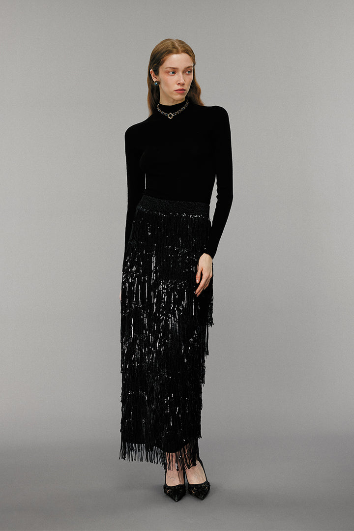 SOLELEGIA Black Sequin Fringe Midi Skirt