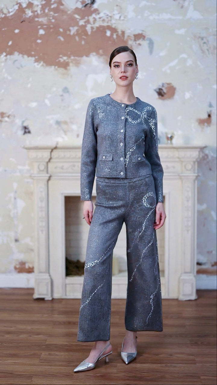 Diamond-Embellished Bow Elegant Pink Gray Knit Cardigan Top