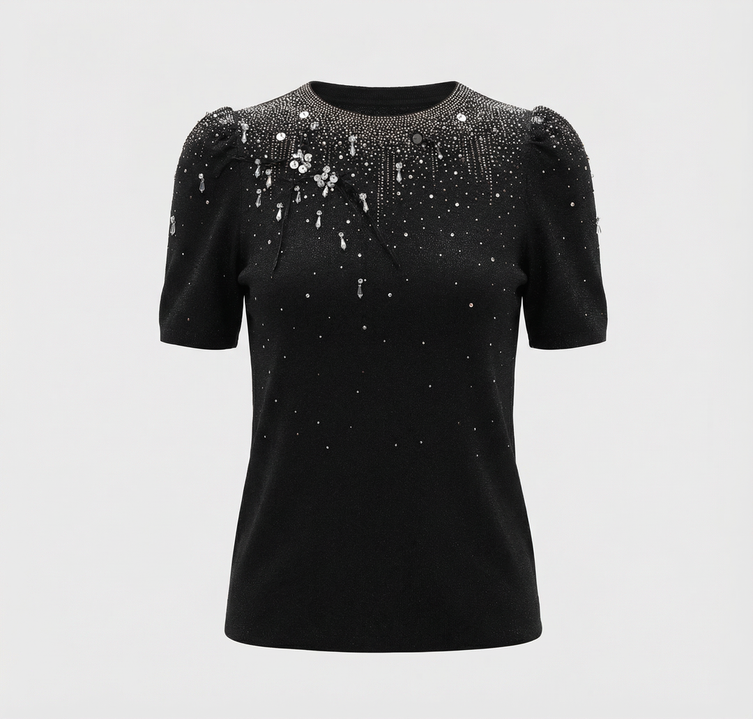 Sparkling Crystal-Embellished Merino Wool Knit Top