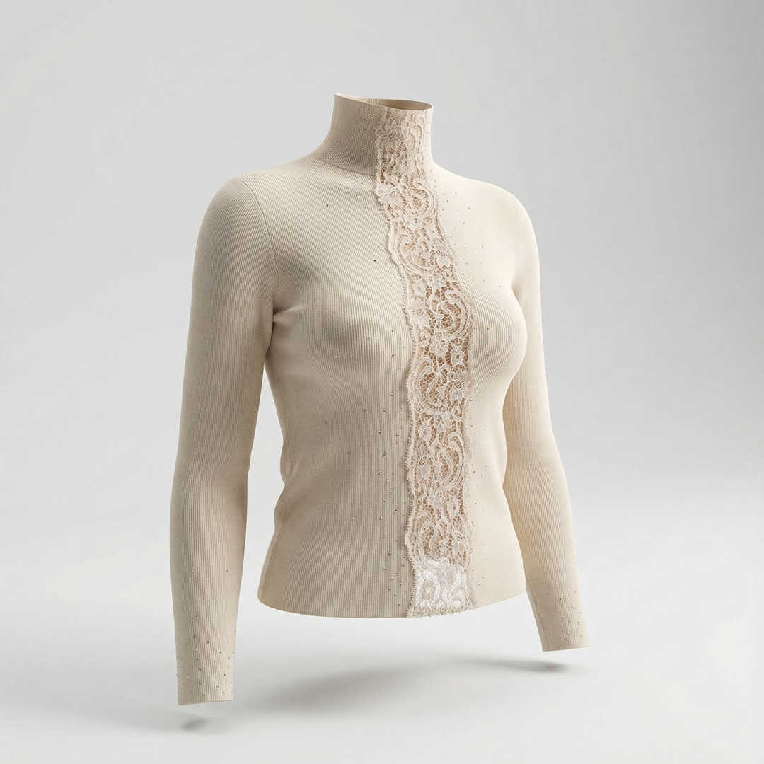 High Neck Lace-Panel Beaded Slim Wool Knit Sweater