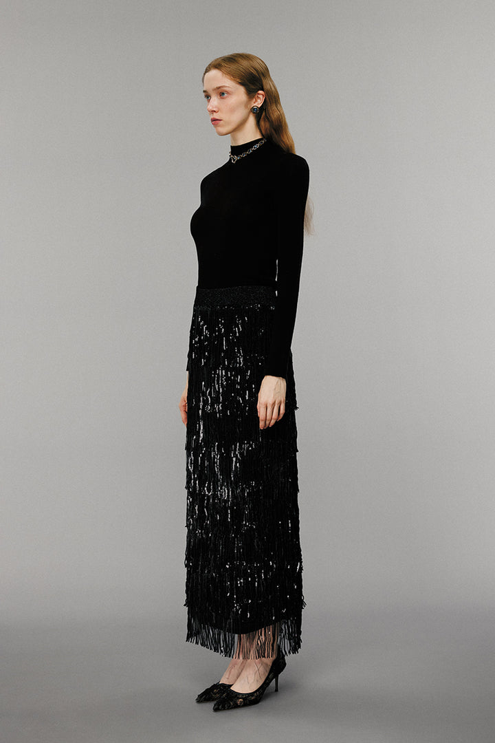 SOLELEGIA Black Sequin Fringe Midi Skirt