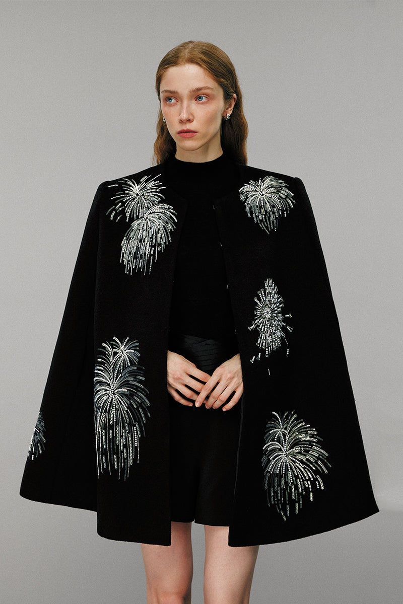 Embellished Wool Cape Coat