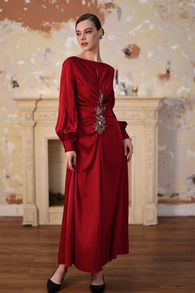 Puff-sleeved Pleated Waist Beading Maxi Party Dress