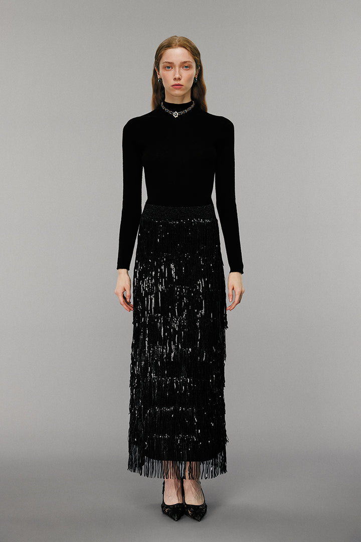 SOLELEGIA Black Sequin Fringe Midi Skirt