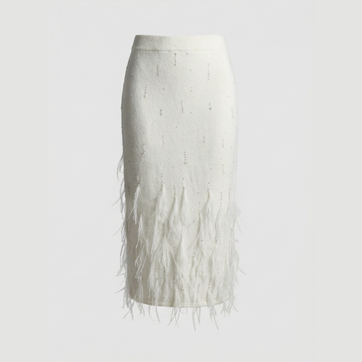 Stellaria Feathered Mohair Maxi Skirt | Wool Blend with Crystals & Beads