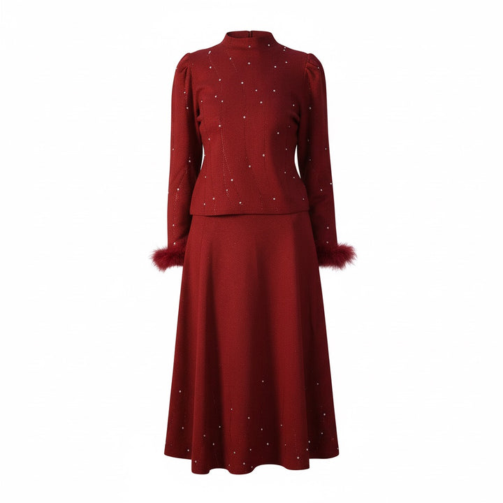 Starry Sky Pearl Embellished A-line Red Knit Skirt