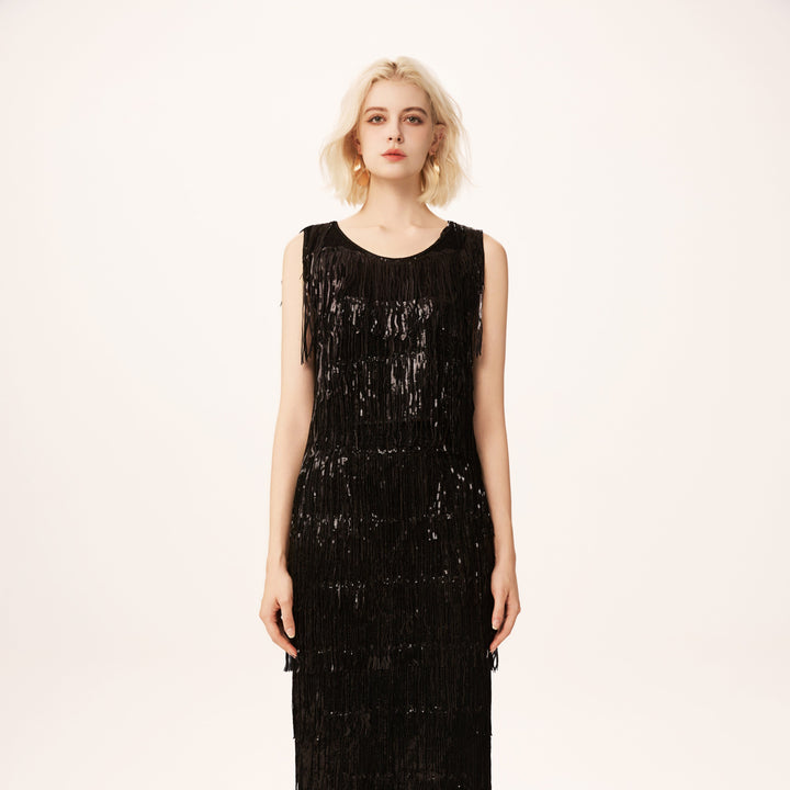 Solelegia Black Sleeveless Sequin Fringe Knit Crop Top