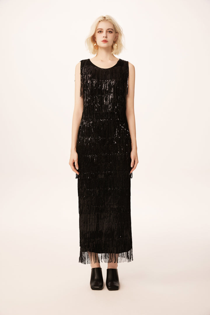 Solelegia Black Sequin Fringe Skirt