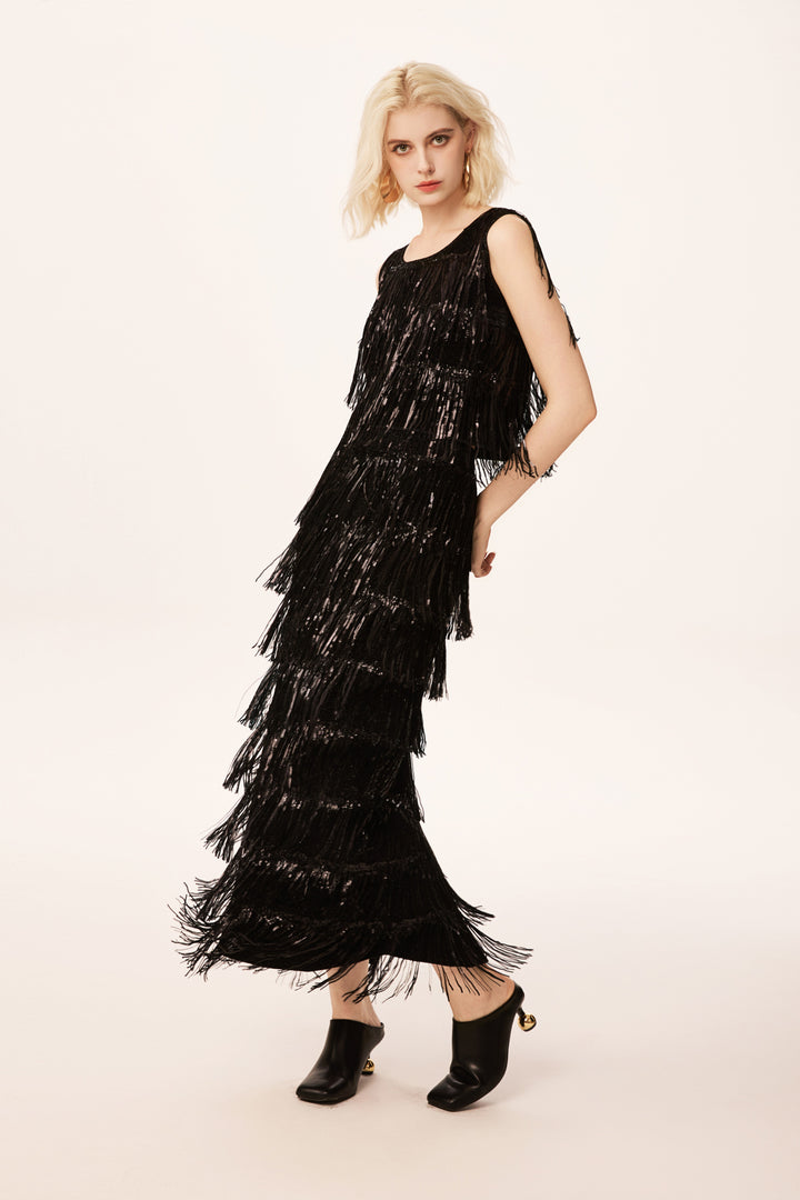 Solelegia Black Sequin Fringe Skirt