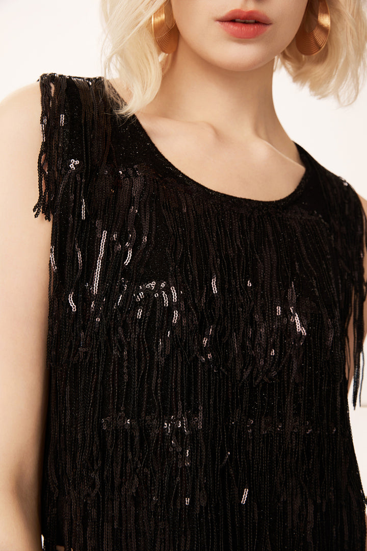 Solelegia Black Sleeveless Sequin Fringe Knit Crop Top