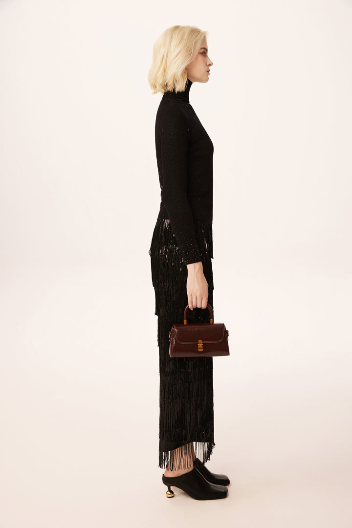 Solelegia High Neck Lace-Panel Beaded Slim Wool Knit Sweater
