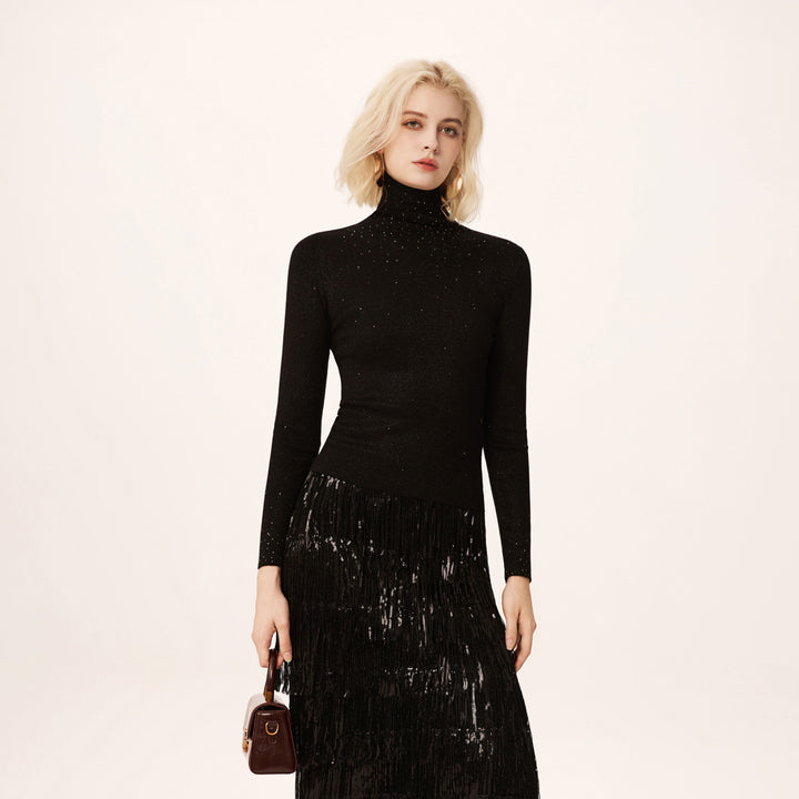 Solelegia High Neck Lace-Panel Beaded Slim Wool Knit Sweater