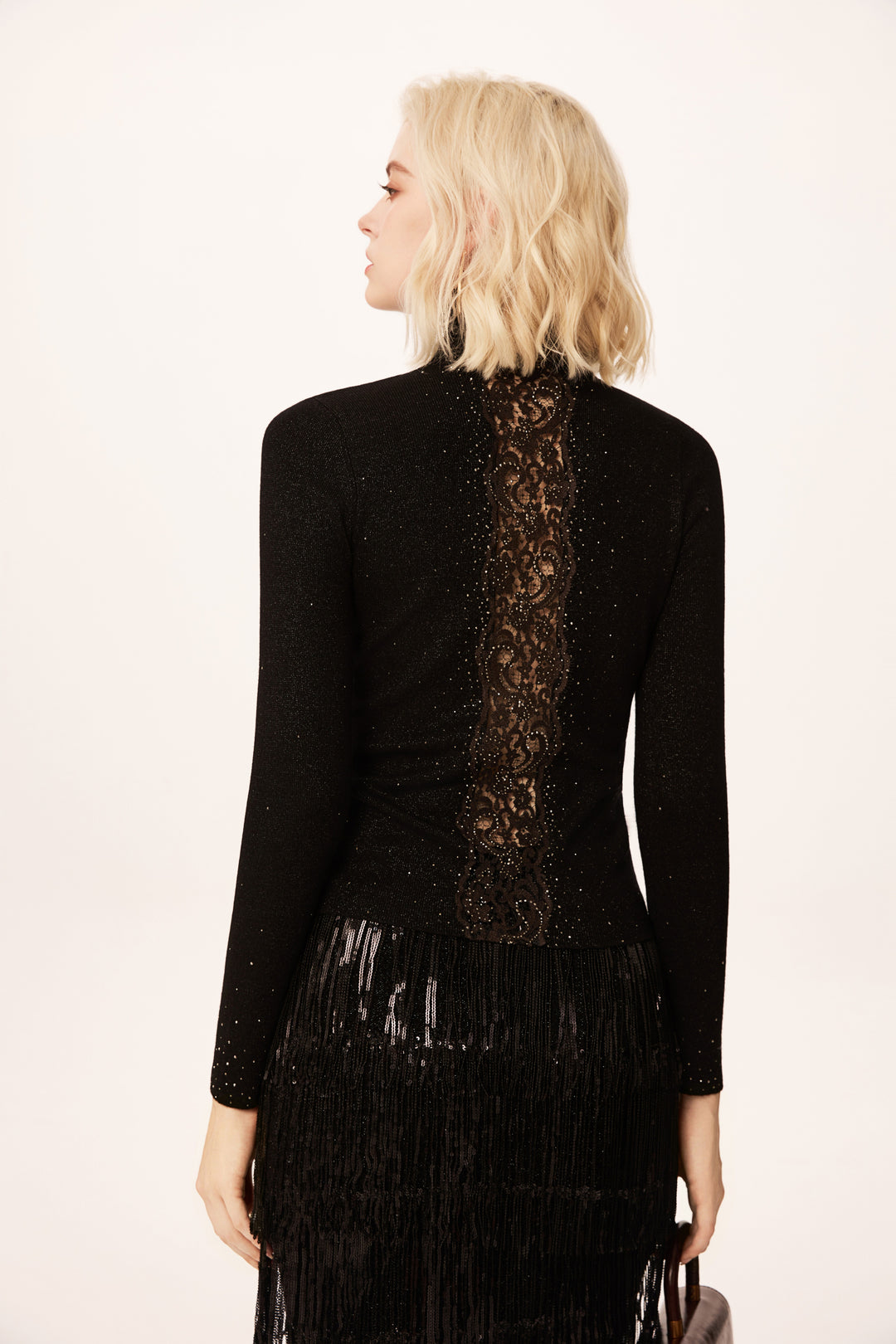 Solelegia High Neck Lace-Panel Beaded Slim Wool Knit Sweater
