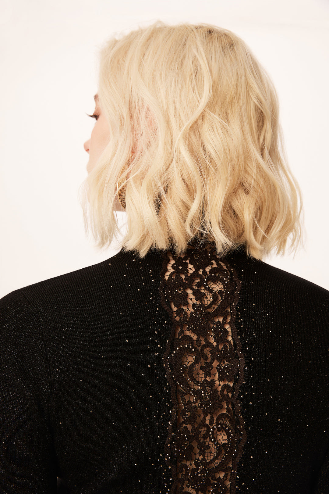 Solelegia High Neck Lace-Panel Beaded Slim Wool Knit Sweater