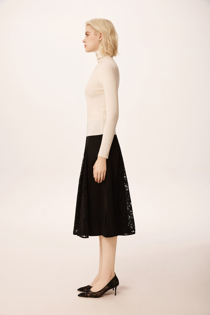 Solelegia High Neck Lace-Panel Beaded Slim Wool Knit Sweater