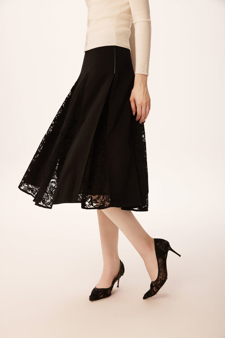 Solelegia Black Lace-Trimmed A-Line Pleated Midi Skirt