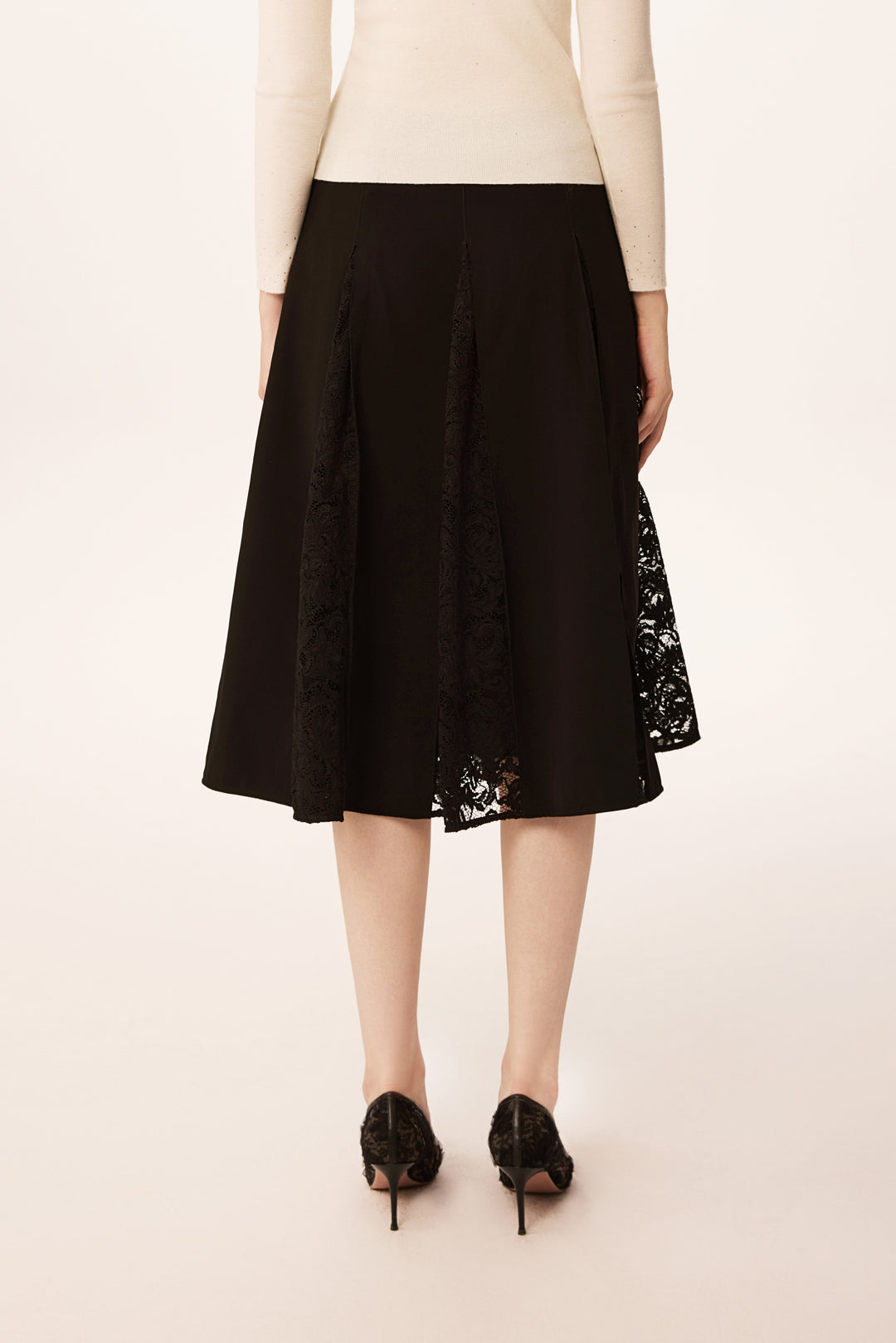 Solelegia Black Lace-Trimmed A-Line Pleated Midi Skirt