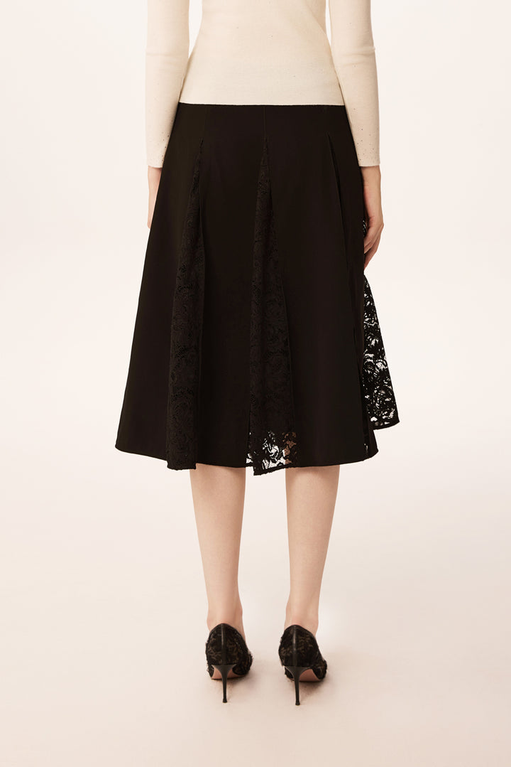 Solelegia Black Lace-Trimmed A-Line Pleated Midi Skirt