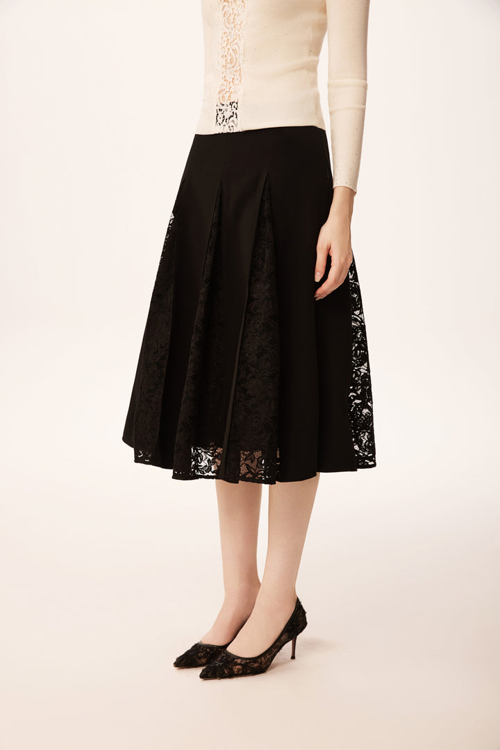 Solelegia Black Lace-Trimmed A-Line Pleated Midi Skirt