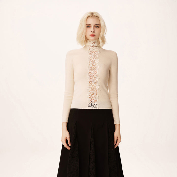 Solelegia High Neck Lace-Panel Beaded Slim Wool Knit Sweater