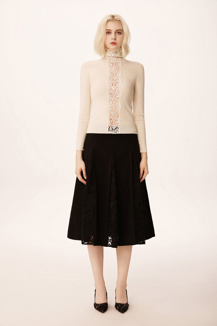 Solelegia High Neck Lace-Panel Beaded Slim Wool Knit Sweater