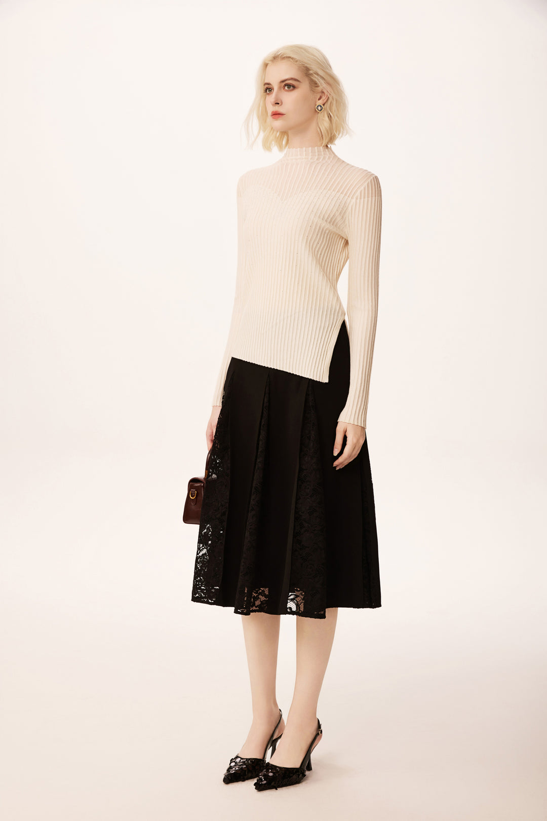 Solelegia Half Turtleneck Beaded Fine Wool Knit Sweater
