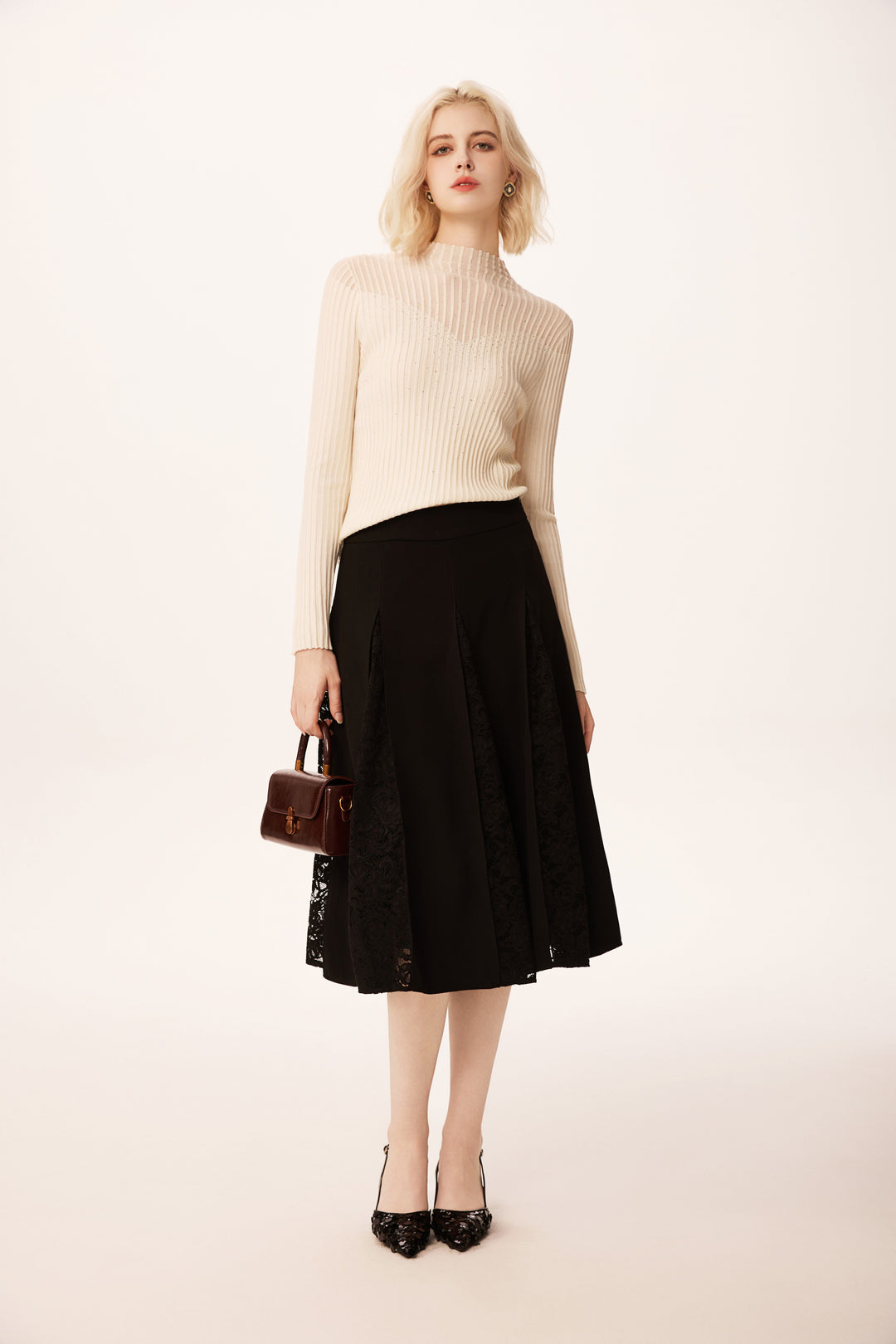 Solelegia Black Lace-Trimmed A-Line Pleated Midi Skirt
