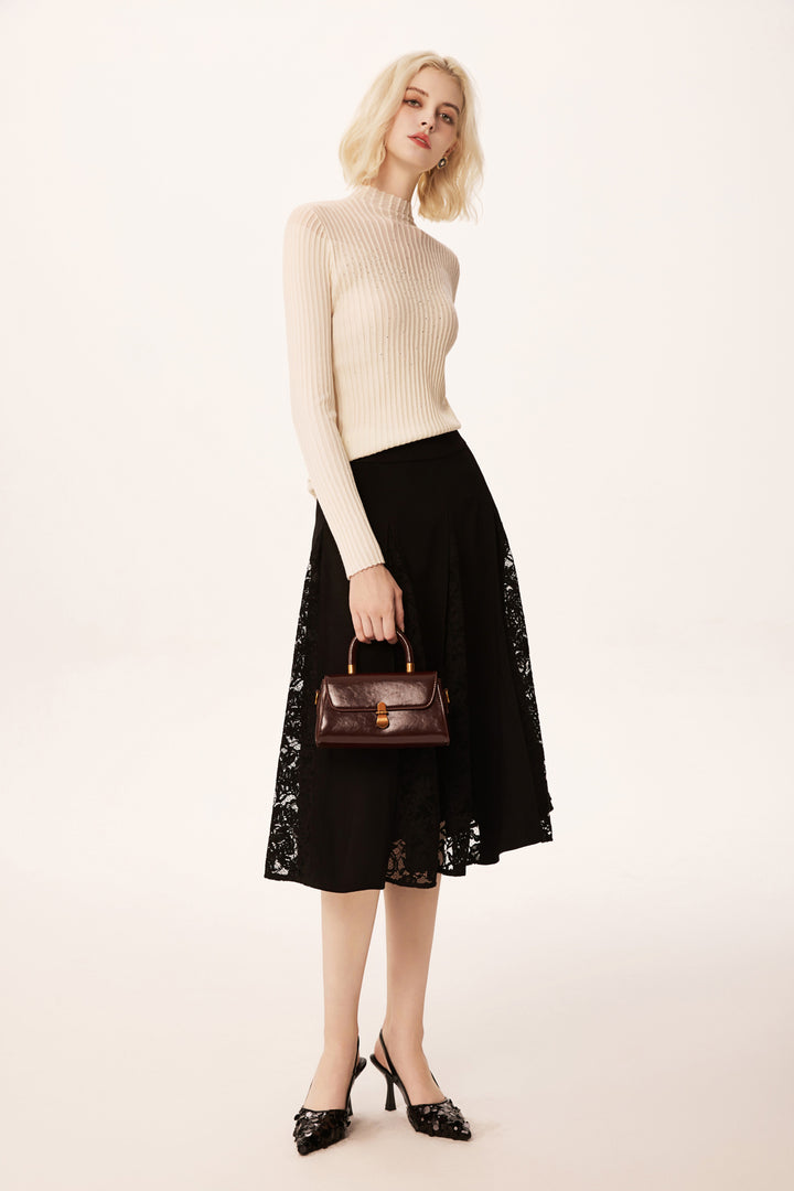 Solelegia Black Lace-Trimmed A-Line Pleated Midi Skirt
