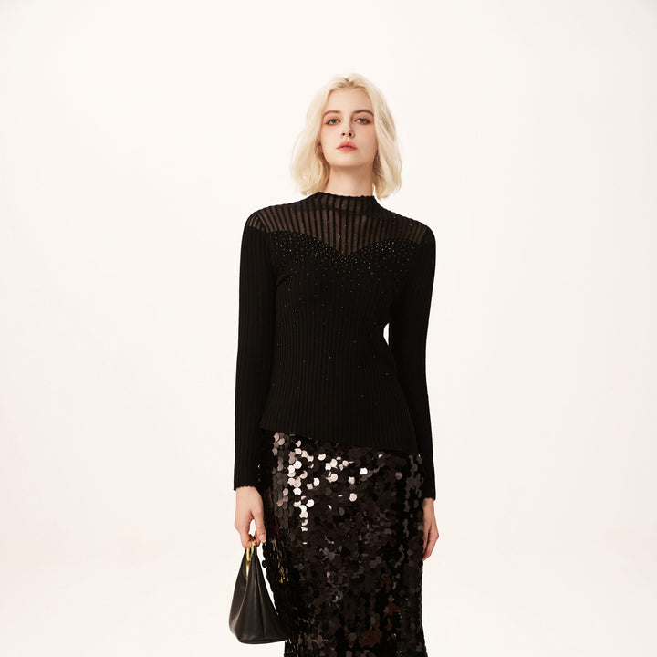 Solelegia Half Turtleneck Beaded Fine Wool Knit Sweater