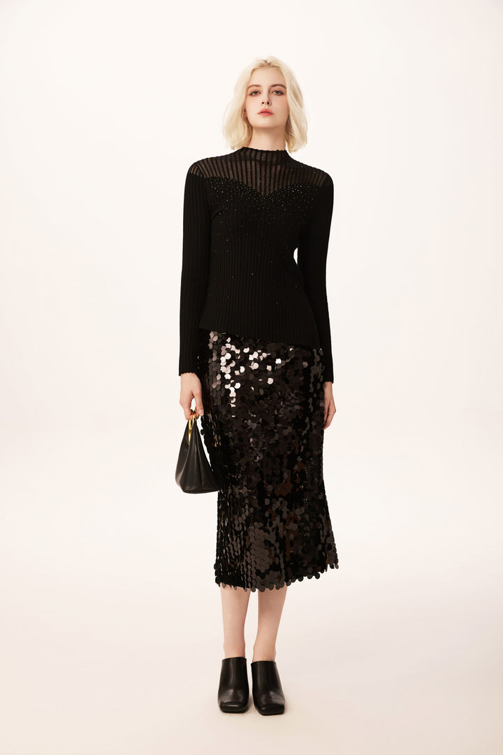 Solelegia Black Sequin Straight Skirt