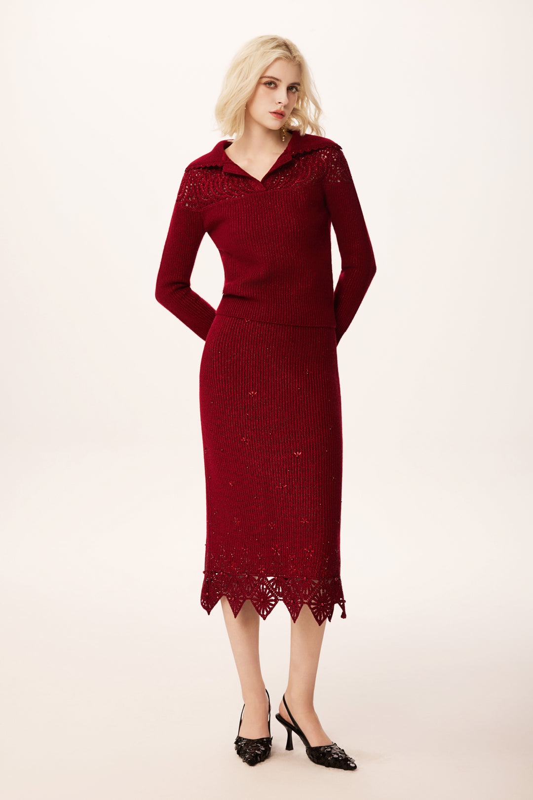 Solelegia Wine Red Crochet Beaded V-Neck Wool Knit Crop Sweater
